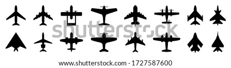 Set plane icons, different historical airplane, passenger airplanes, aircraft. Airliner model top view – stock vector