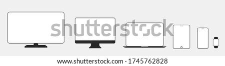 Set technology devices icon: tv, computer, laptop, tablet, smartphone. watch icons. White display screen. Outline mockup electronics devices monitor lines simple isolated 