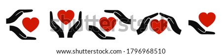 Set hands and palms with heart icons, care sign – vector