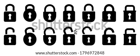 Set open and closed padlock icons, security check sign. Locks signs set. Locked and unlocked lock. Digital protection and security data concept – stock vector