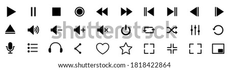 Media player control icon set, interface multimedia symbols and audio, media player buttons, music speaker volume – stock vector