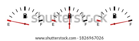 Set full tank scale, gas meter, clock face fuel measurements, fuel gauge indicator, dashboard scale icon, car control sensor sign, gasoline indicatior collection icons 