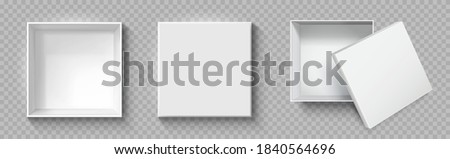 Open and close white gift boxes, white square box top view, container mockup, empty carton package, realistic paper box - stock vector