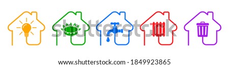 Utilities icons in flat style in house form: water, gas, lighting, heating, waste – stock vector