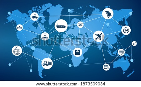 Delivery concept with connected logistics set icons, freight customs in the world, international free trade, shipping signs, world map – stock vector