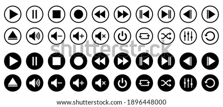 Media player control icon set, interface multimedia symbols and audio, media player buttons, music speaker volume – vector
