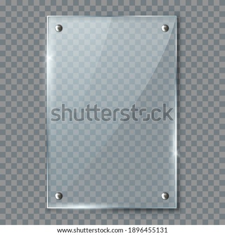 Blank poster in 3d realistic glass or plastic frame hanging on wall isolated on transparent background. Empty photo frame template, banner plexiglass holder mock-up, rectangular name vertical plate