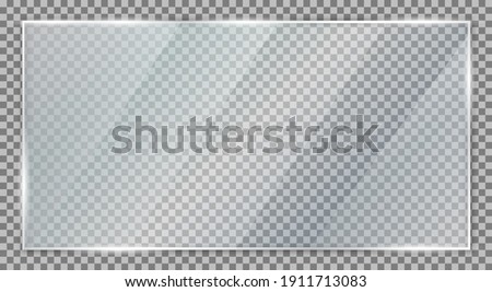 Glass plate on transparent background, clear glass showcase, realistic transparent window mockup in rectangle frame, glass texture with glares and light - vector