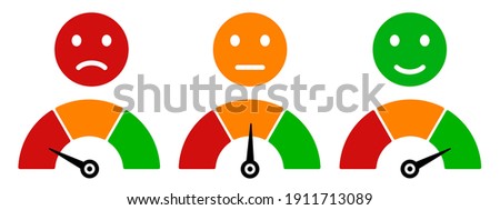 Colored scale speed, emoji faces icons, valuation by emoticons, measuring device tachometer speedometer indicator with different colors, satisfaction barometer - vector