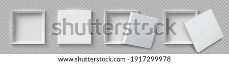 Open and close white gift boxes, white square box top view, container mockup, empty carton package, realistic paper box, open cap, empty packages mockup 3d isolated - stock vector