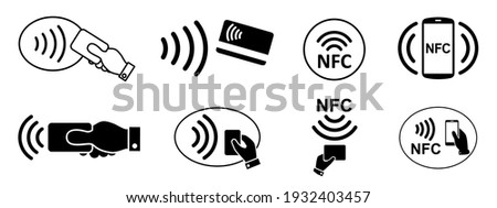 Set NFC wireless payment technology icon, contactless payment, credit card tap pay wave logo, near field communication sign, contactless pay pass fast payment symbol, smart key card contact nfc