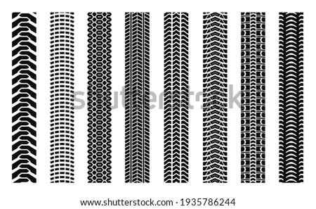 Machinery tires track set, tire ground imprints isolated, vehicles tires footprints, tread brushes, seamless transport ground trace or marks textures, wheel treads - vector for stock