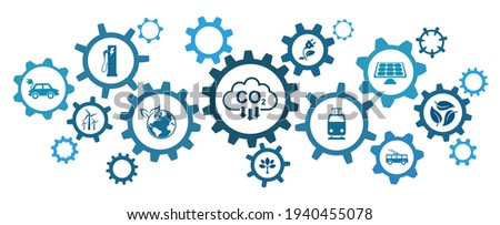 Reduce carbon dioxide emissions to limit global warming and climate change. Lower CO2 levels with sustainable development as renewable energy and electric vehicles - stock vector