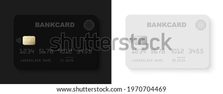 Black and white credit card mockup with NFC wireless payment technology icon, contactless payment, credit card tap pay wave logo, contactless pay pass fast payment symbol - stock vector