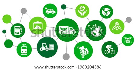 Eco delivery concept with connected logistics and supply chain set icons, import, export, warehouse management, eco-friendly distribution and shipping signs, international green free trade – vector