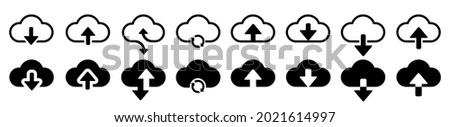 Set cloud download and upload icons. Flat sign for mobile and web design. Cloud with arrow up and down simple outline and filled sign - stock vector