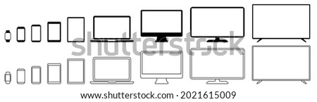 Set technology line devices icon: TV monitor, computer, laptop, tablet, smartphone, watch icons. Outline mockup electronics devices monitor lines simple isolated - vector