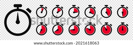 Timer, clock, stopwatch isolated set icons with different time. Countdown timer symbol icon set. Sport clock with red colored time meaning. Label cooking symbols. Stopwatch signs