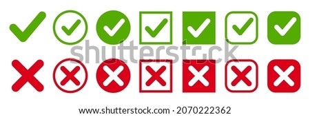Set green approval check mark and red cross icons in circle and square, checklist signs, flat checkmark approval badge, isolated tick symbols - vector