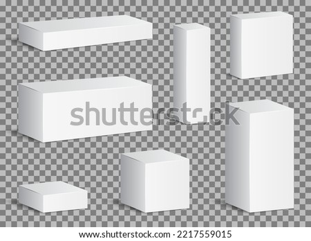Set white carton 3d boxes. White container mockup, empty carton package, realistic paper box, open cap, empty packages mockup 3d isolated - stock vector