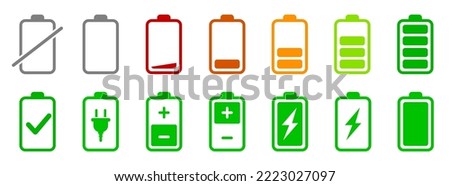Set of battery charge level indicator icons, level battery energy collection, discharged and fully charged battery signs - stock vector