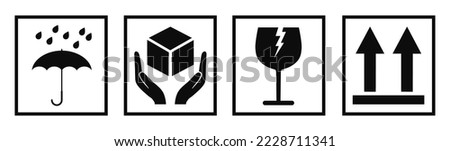 Fragile cargo set icons, fragile package warning signs umbrella, box in hands, glass, side up box, logistics delivery shipping special labels - stock vector