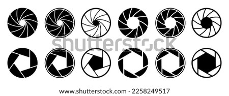 Set photo camera lens diaphragm. Photo lenses aperture, cameras shutter silhouette icon and shutter apertures pictogram. Lomography film lens or snap optics objective lenses - vector