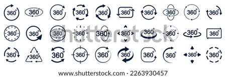Set 360 degrees view sign, icons with arrows to indicate the rotation or panorama to 360 degrees - vector