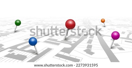 GPS navigator pointers on city map, navigation, logistics, geography, communication, transport, travel theme concept, location marking with a pin on a map – stock vector