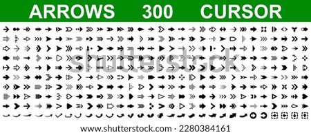 Set 300 arrow icons, collection different arrows sign, set different cursor arrow direction symbols in flat style, black arrows icons – stock vector