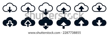 Set cloud download and upload icons. Flat sign for mobile and web design. Cloud with arrow up and down simple outline and filled sign - vector