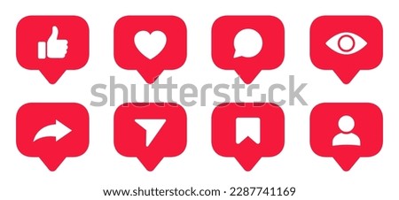 Set social media notification functional icons like, user, friend, heart, thumb up, repost, views, comment, share, save, send message, stories user button sign in speech bubble – stock vector