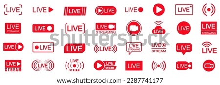 Set of live streaming icons. Set of video broadcasting and live streaming icon. Button, red symbols for TV, news, movies, shows - vector for stock