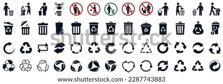 Recycle icons set, trash bin, trash can icons with man - vector