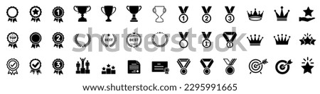 Set of winning award and prize icons, trophy reward, victory trophy signs depicting an award, victory cup achievement, winner medal - stock vector