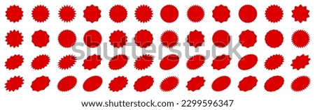 Set of red price sticker, sale or discount sticker, sunburst badges icon. Stars shape with different number of rays. Special offer price tag. Red starburst promotional badge shopping labels