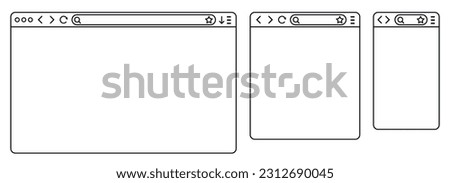 Simple browser window in a flat style, line design a simple blank web page, search in internet, line template mockup browser window on computer, tablet and mobile phone - for stock