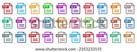 Set file document formats: PDF, CSV,  DOC, JPG, RTF, TXT, XLS, RAR, ZIP, AVI, MOV, GIF, JPG, PNG, PSD, RAF, MP3, MP4, XVID, MPEG, XTML, JPEG, file extensions diverse icons set isolated - stock vector