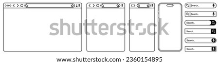 Set browser window in line style, smartphone, blank web page, search bar in internet, line template mockup browser window on computer, tablet and mobile phone, linear model mobile phone - vector