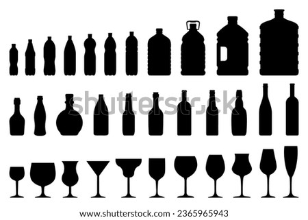 Set of plastic bottle, bottles of wine and different wine glass icons isolated on white background. Bottles of various sizes. Contours of bottles for water, alcohol and cocktails – stock vector