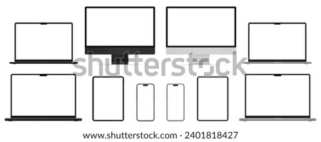 Set mockups technology devices of 2023-2024 years with empty display in silver and black colors, phone tablet, computer monitor, laptop pro and air, device screen mockup, blank screen