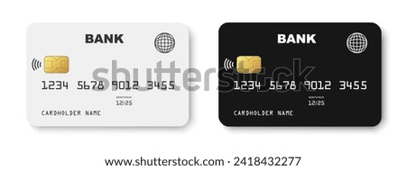 Black and white credit card mockup design with NFC wireless payment, credit card tap pay wave logo, contactless pay pass fast payment symbol - vector