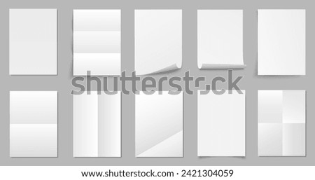 Paper sheet set empty white format A4, blank white paper opened, paper sheets curled corner of with shadow - vector