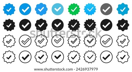 Verified badge icon tick, check marks set symbol, guaranteed safety person sign, blue green black checkmark signs, account verification icon, certificate quality certify, set verified profile badges