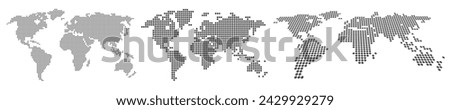 World Map with pixels, three map of the world from dots - vector