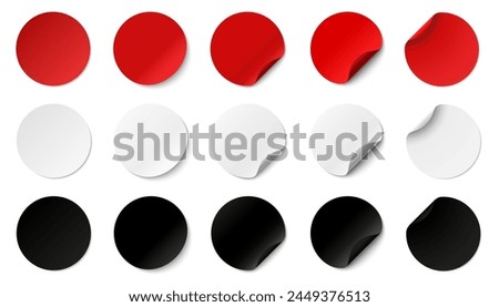 Paper stickers circle with rounded edges adhesive, red white and black paper round stickers with peeling corner and shadow, isolated rounded plastic mockup, set round paper curved corner