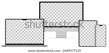 Mockups technology devices group of 2024 year with transparent display in silver color, device screen mockup, blank screen, phone tablet, computer monitor, laptop