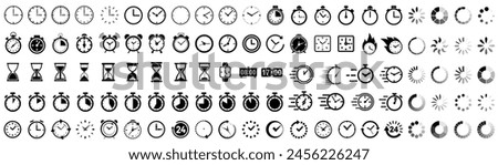 Time and clock icons set, stopwatch, timer, time management concept, loading bar icons, progress bar loading signs, download progress icons, fast stopwatch line icon, watch icon, speed clock symbol