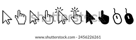 Cursor icons set in hand, arrow and mouse forms, mouse click cursor set, arrow and hand pointer - vector