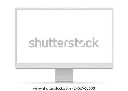 White desktop computer monitor with empty display, device screen mockup, blank screen with shadow on transparent background - vector